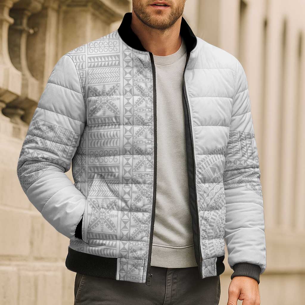Niue White Sunday Bomber Puffer Jacket Half Hiapo Pattern Vibes - Polynesian Pride