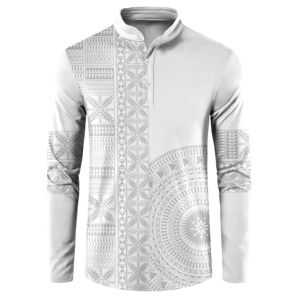 Niue White Sunday Button Sweatshirt Half Hiapo Pattern Vibes - Polynesian Pride