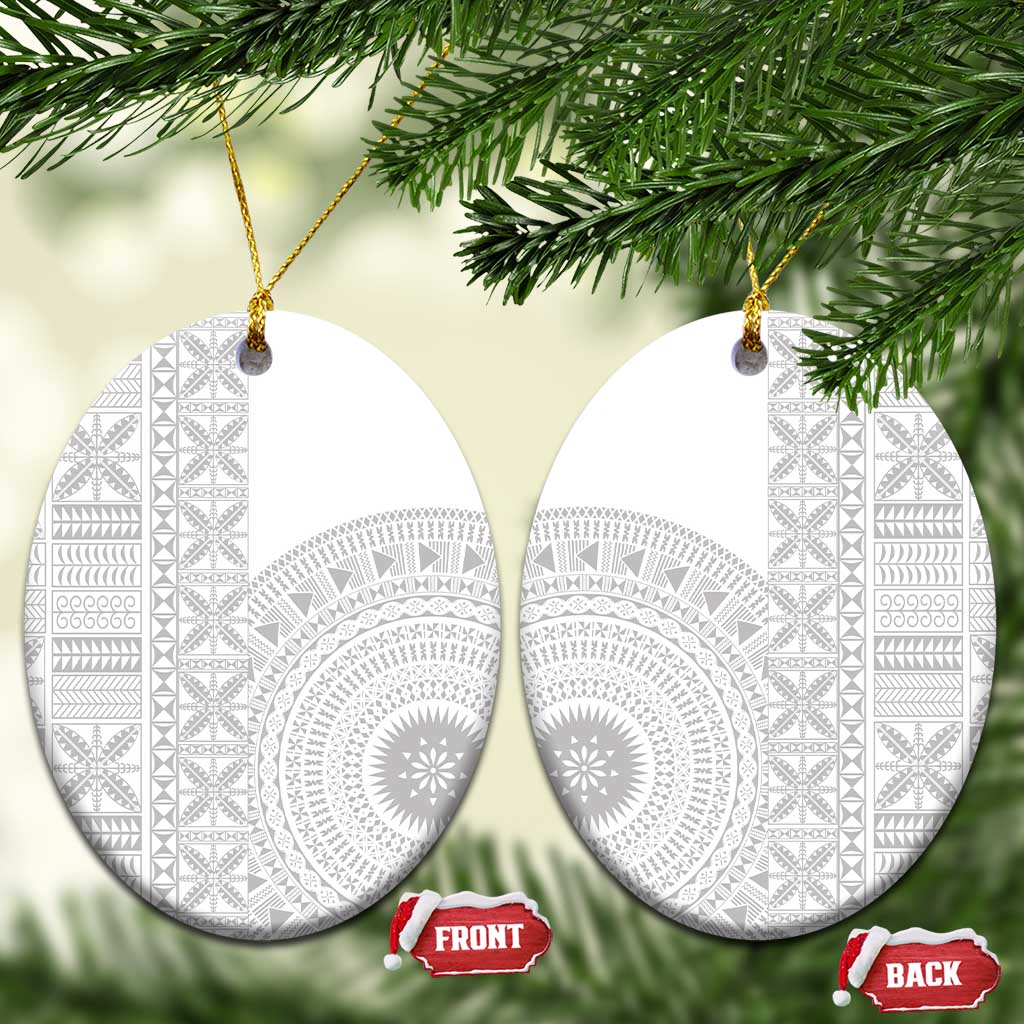 Niue White Sunday Ceramic Ornament Half Hiapo Pattern Vibes LT14 Oval White - Polynesian Pride