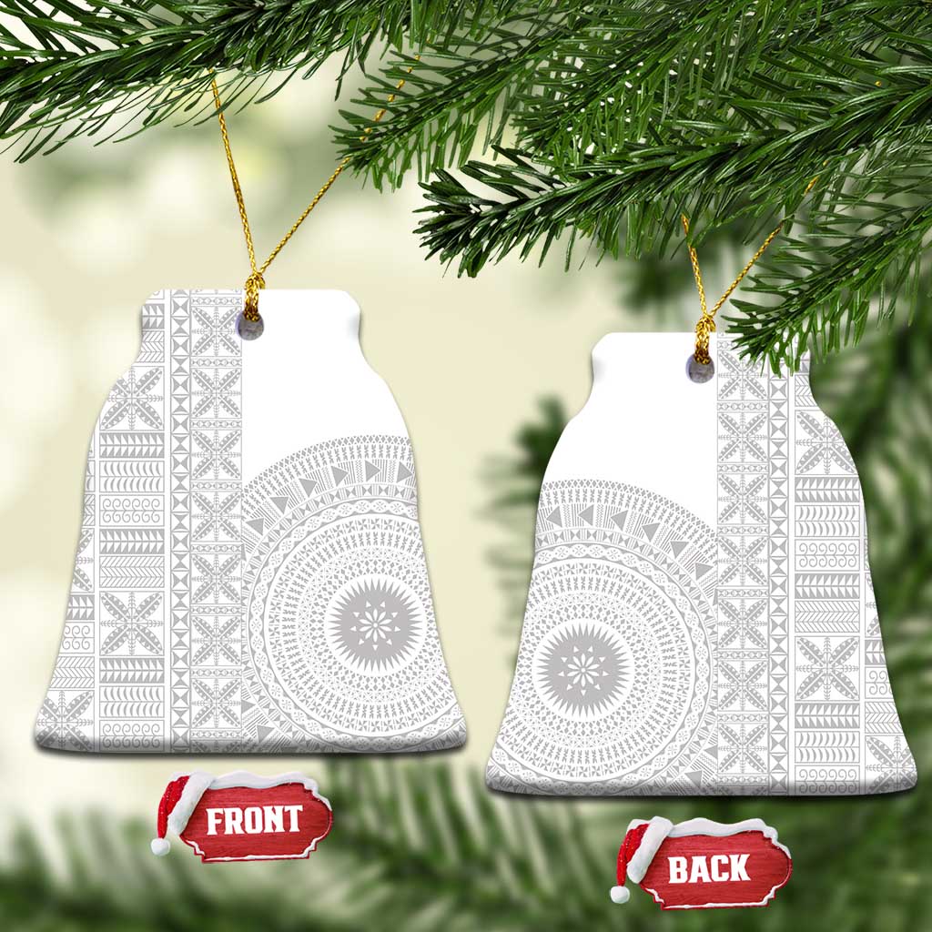 Niue White Sunday Ceramic Ornament Half Hiapo Pattern Vibes LT14 Bell Flake White - Polynesian Pride