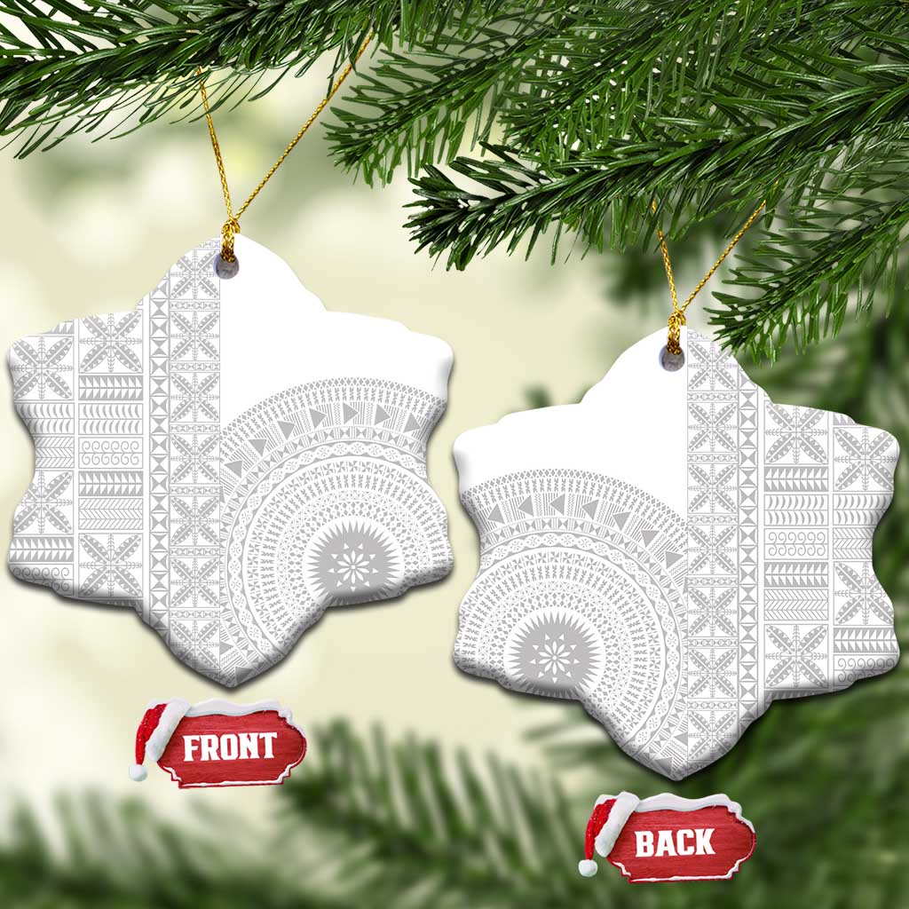 Niue White Sunday Ceramic Ornament Half Hiapo Pattern Vibes LT14 Snow Flake White - Polynesian Pride