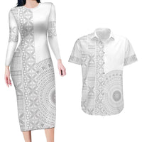 Niue White Sunday Couples Matching Long Sleeve Bodycon Dress and Hawaiian Shirt Half Hiapo Pattern Vibes - Polynesian Pride