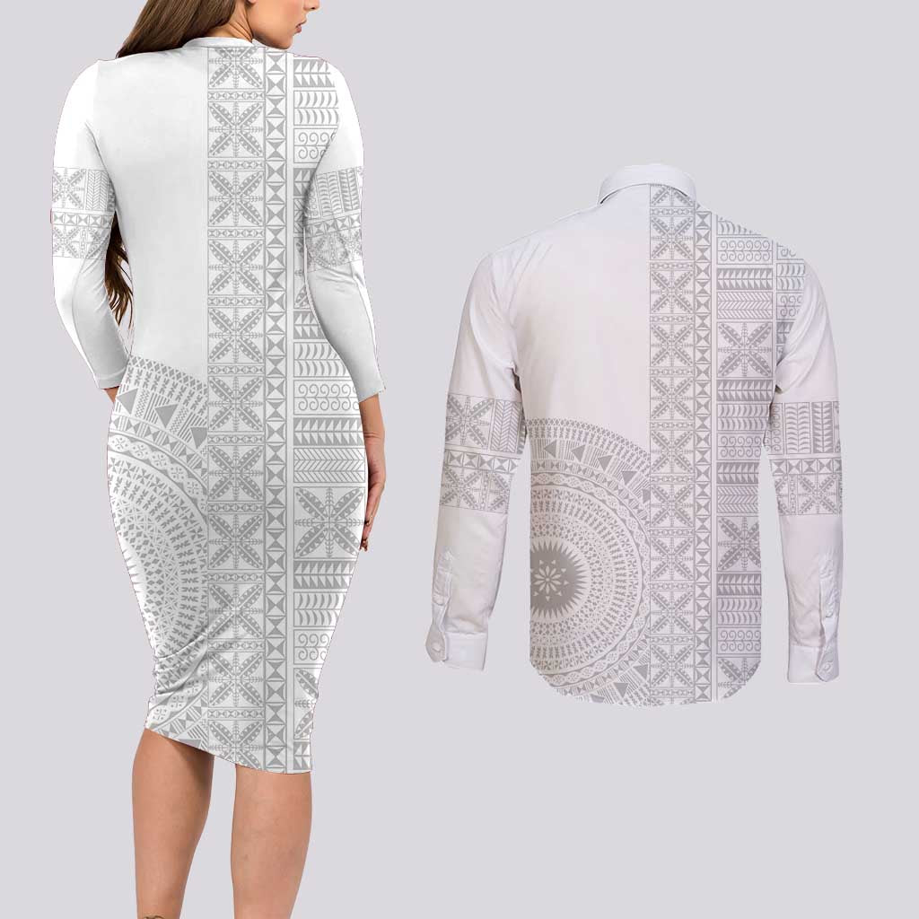 Niue White Sunday Couples Matching Long Sleeve Bodycon Dress and Long Sleeve Button Shirt Half Hiapo Pattern Vibes - Polynesian Pride