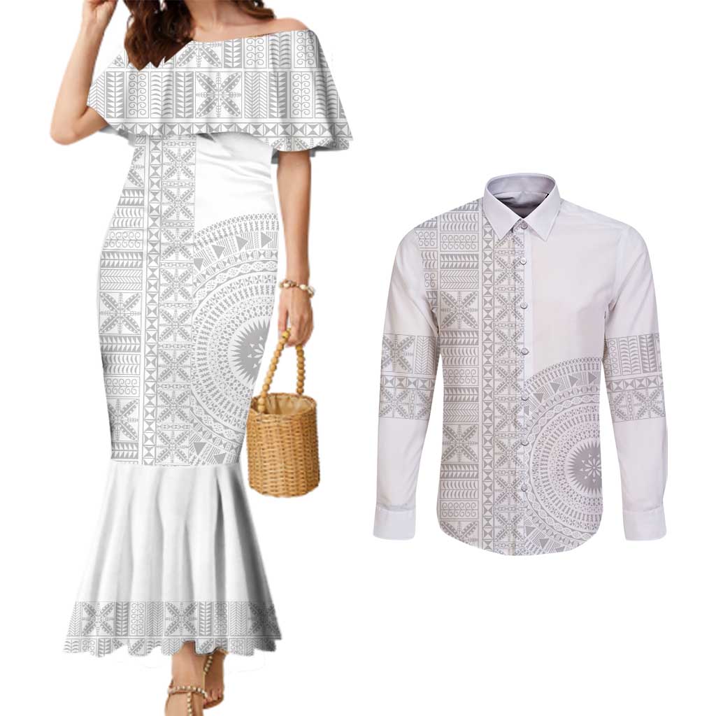 Niue White Sunday Couples Matching Mermaid Dress and Long Sleeve Button Shirt Half Hiapo Pattern Vibes - Polynesian Pride