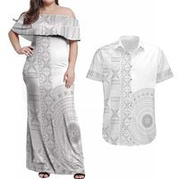 Niue White Sunday Couples Matching Off Shoulder Maxi Dress and Hawaiian Shirt Half Hiapo Pattern Vibes - Polynesian Pride