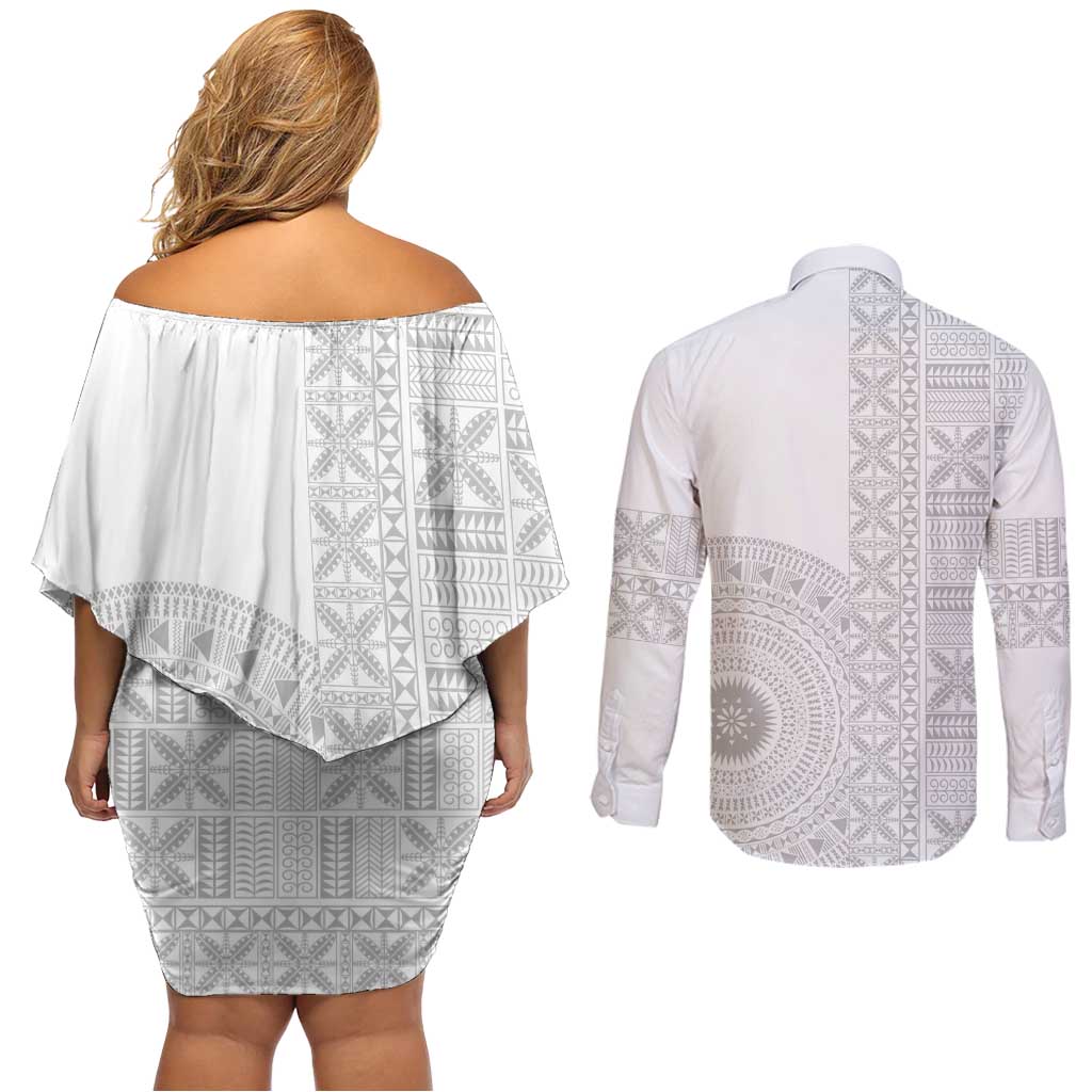 Niue White Sunday Couples Matching Off Shoulder Short Dress and Long Sleeve Button Shirt Half Hiapo Pattern Vibes - Polynesian Pride