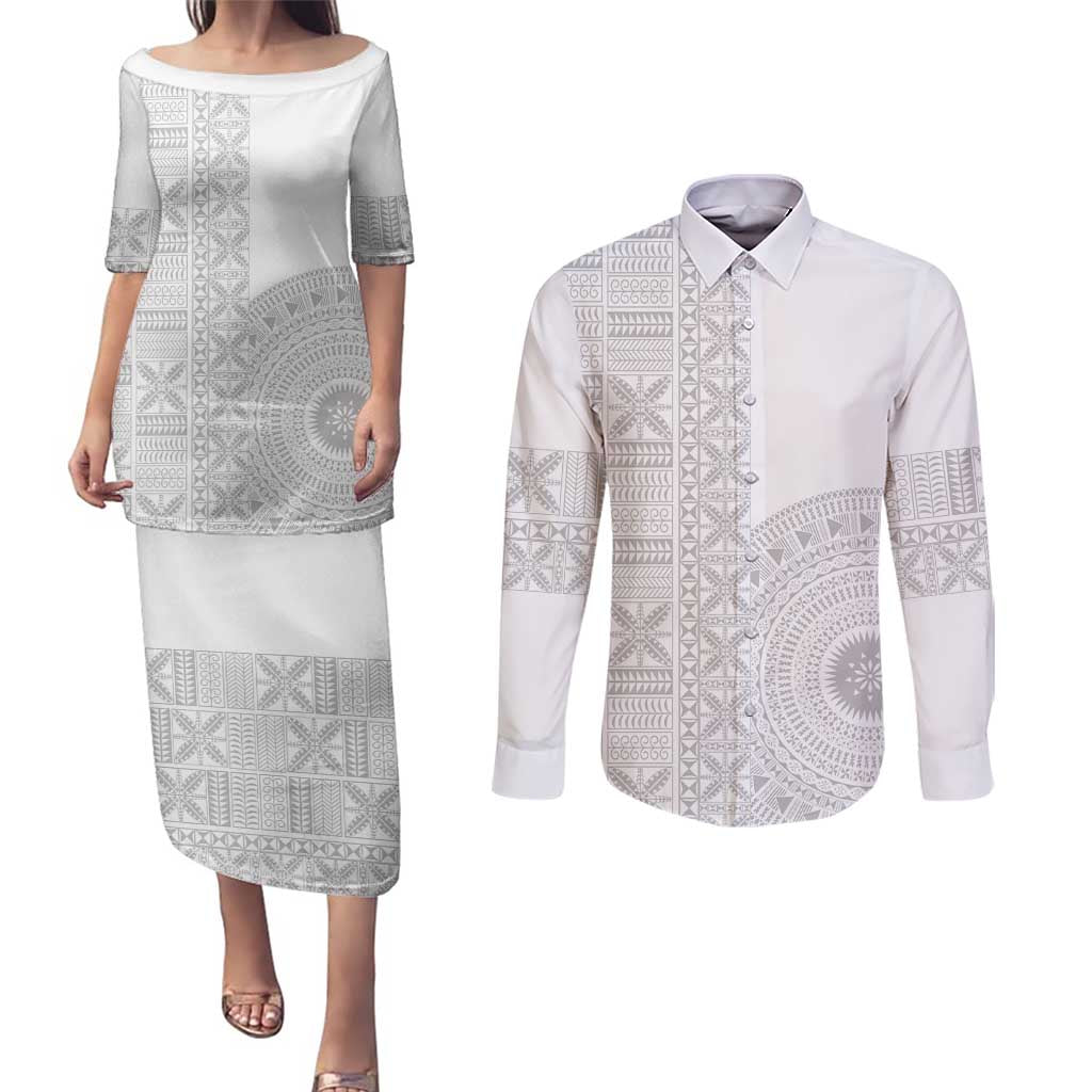 Niue White Sunday Couples Matching Puletasi and Long Sleeve Button Shirt Half Hiapo Pattern Vibes - Polynesian Pride