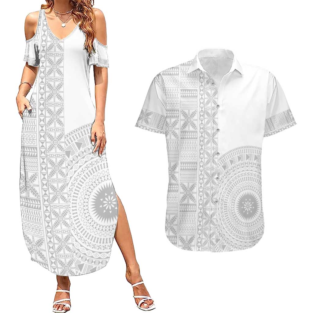 Niue White Sunday Couples Matching Summer Maxi Dress and Hawaiian Shirt Half Hiapo Pattern Vibes - Polynesian Pride
