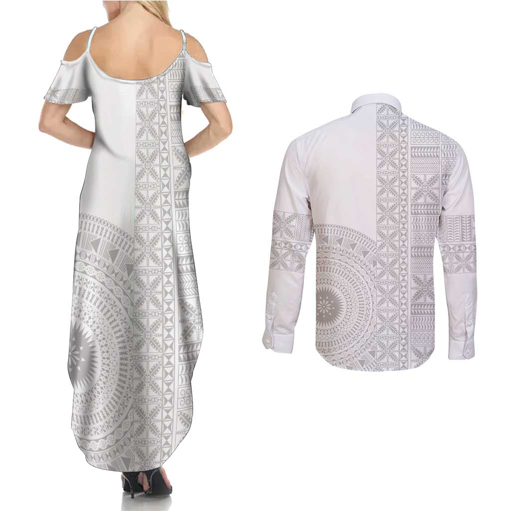 Niue White Sunday Couples Matching Summer Maxi Dress and Long Sleeve Button Shirt Half Hiapo Pattern Vibes - Polynesian Pride