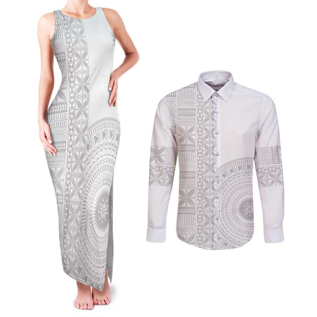 Niue White Sunday Couples Matching Tank Maxi Dress and Long Sleeve Button Shirt Half Hiapo Pattern Vibes - Polynesian Pride