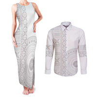 Niue White Sunday Couples Matching Tank Maxi Dress and Long Sleeve Button Shirt Half Hiapo Pattern Vibes - Polynesian Pride