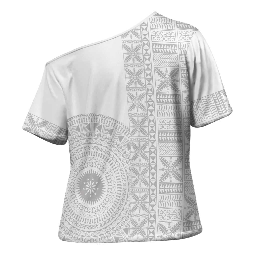 Niue White Sunday Cross Shoulder Shirt Half Hiapo Pattern Vibes - Polynesian Pride