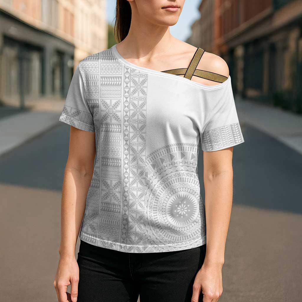 Niue White Sunday Cross Shoulder Shirt Half Hiapo Pattern Vibes - Polynesian Pride