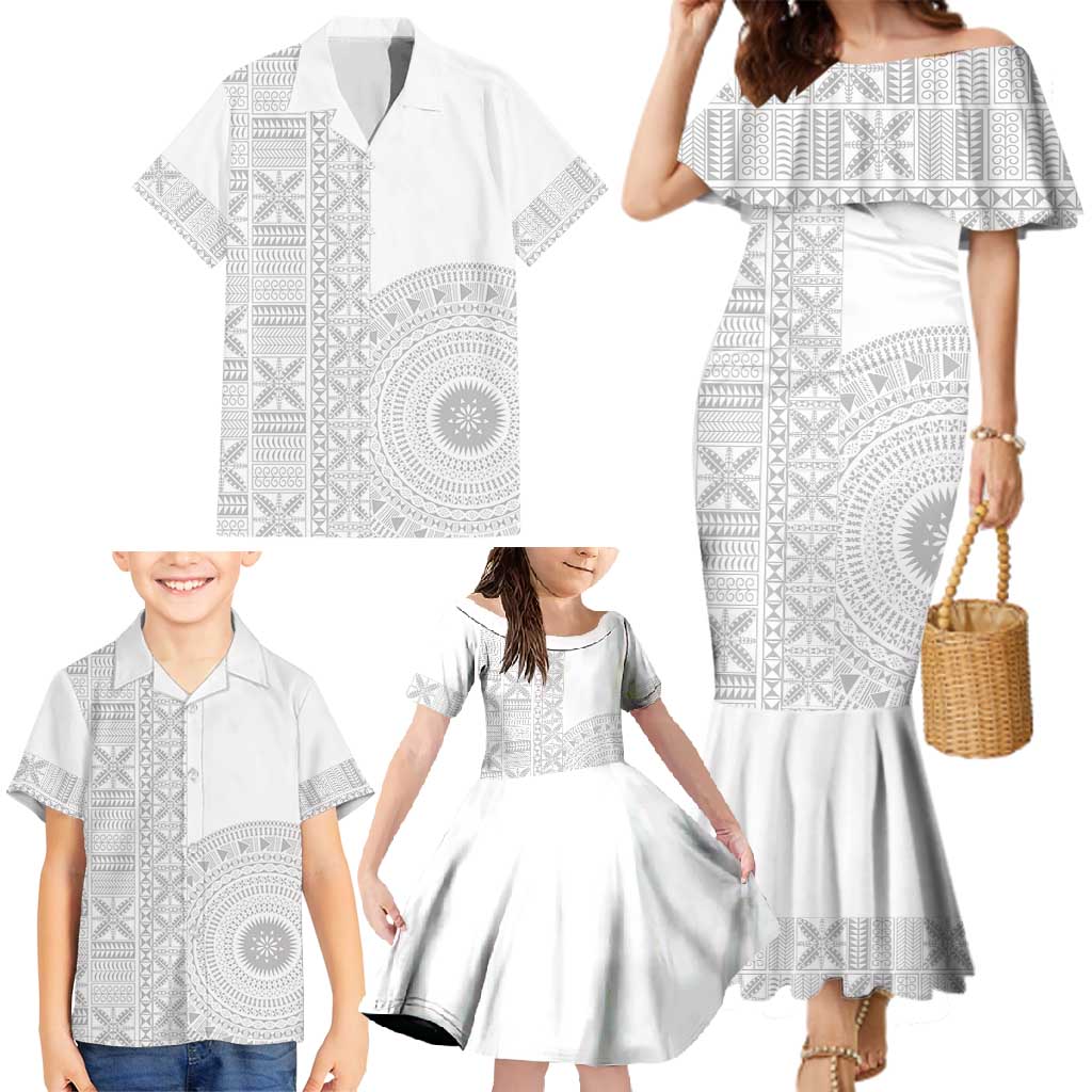 Niue White Sunday Family Matching Mermaid Dress and Hawaiian Shirt Half Hiapo Pattern Vibes - Polynesian Pride