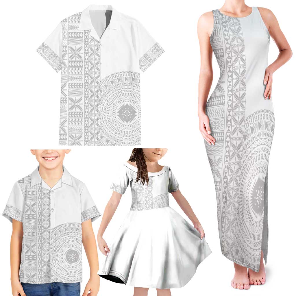 Niue White Sunday Family Matching Tank Maxi Dress and Hawaiian Shirt Half Hiapo Pattern Vibes - Polynesian Pride