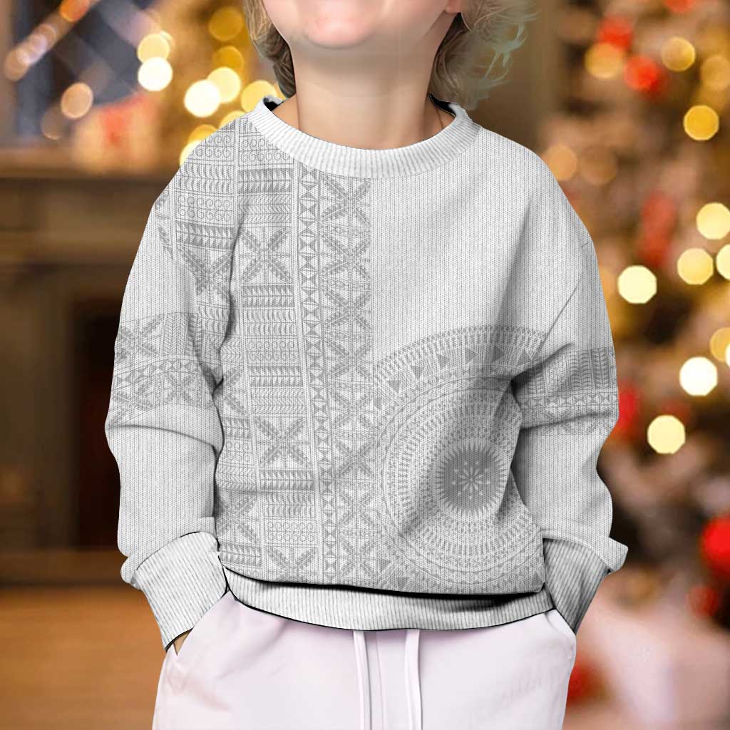 Niue White Sunday Kid Ugly Christmas Sweater Half Hiapo Pattern Vibes - Polynesian Pride