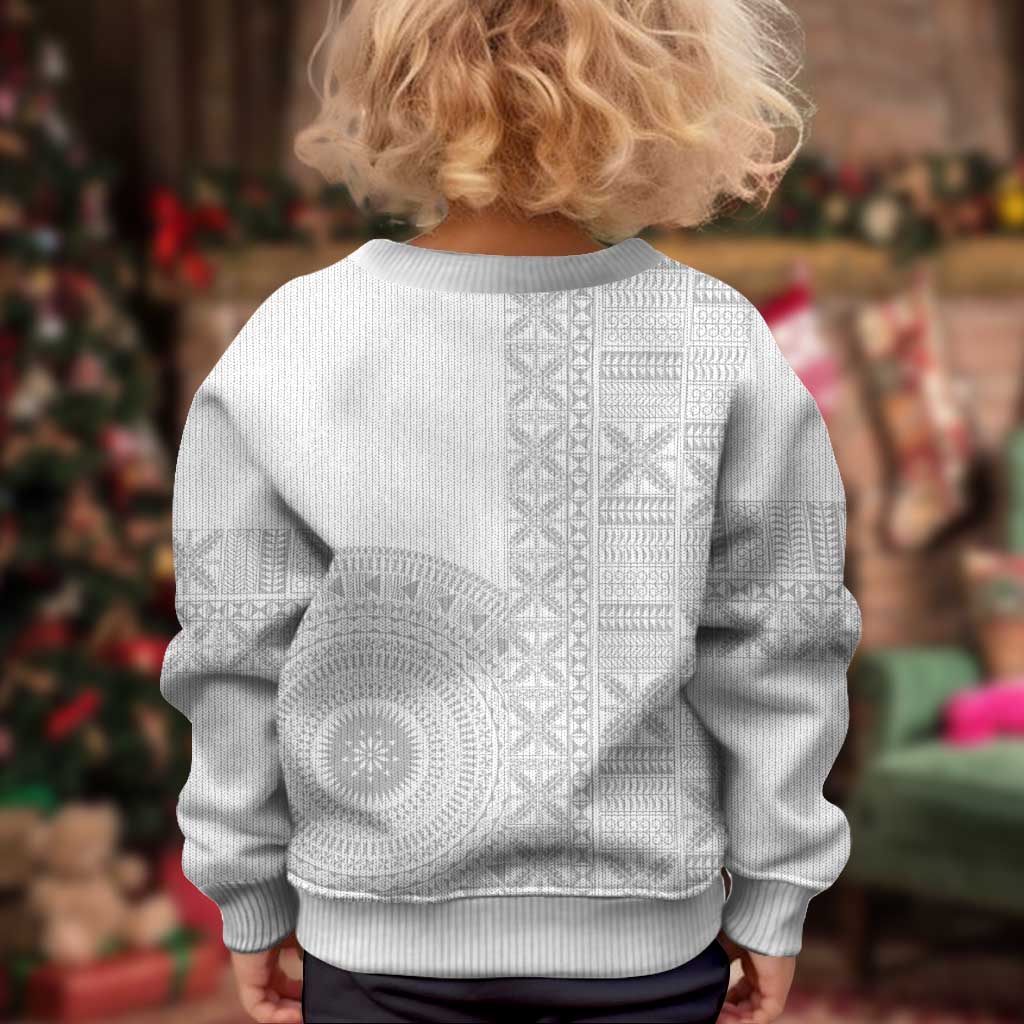 Niue White Sunday Kid Ugly Christmas Sweater Half Hiapo Pattern Vibes - Polynesian Pride