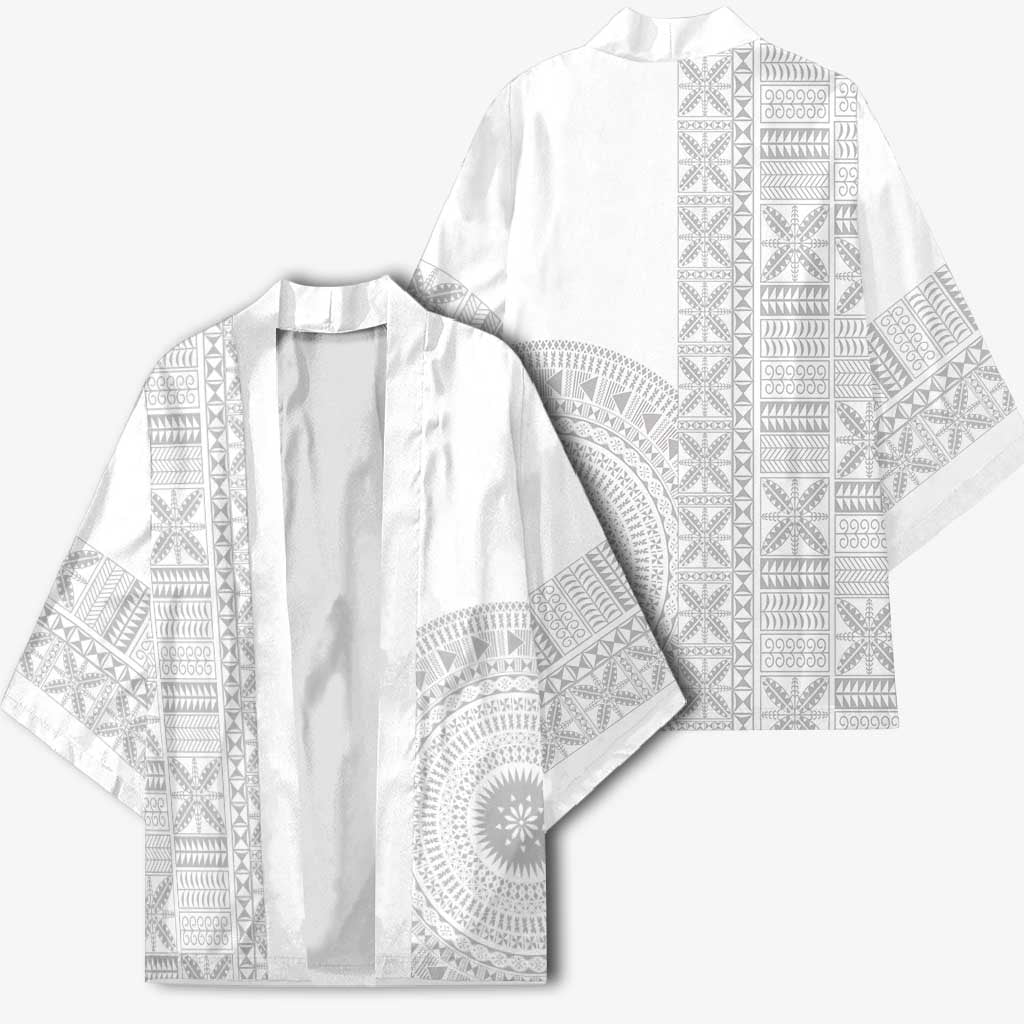 Niue White Sunday Kimono Half Hiapo Pattern Vibes - Polynesian Pride