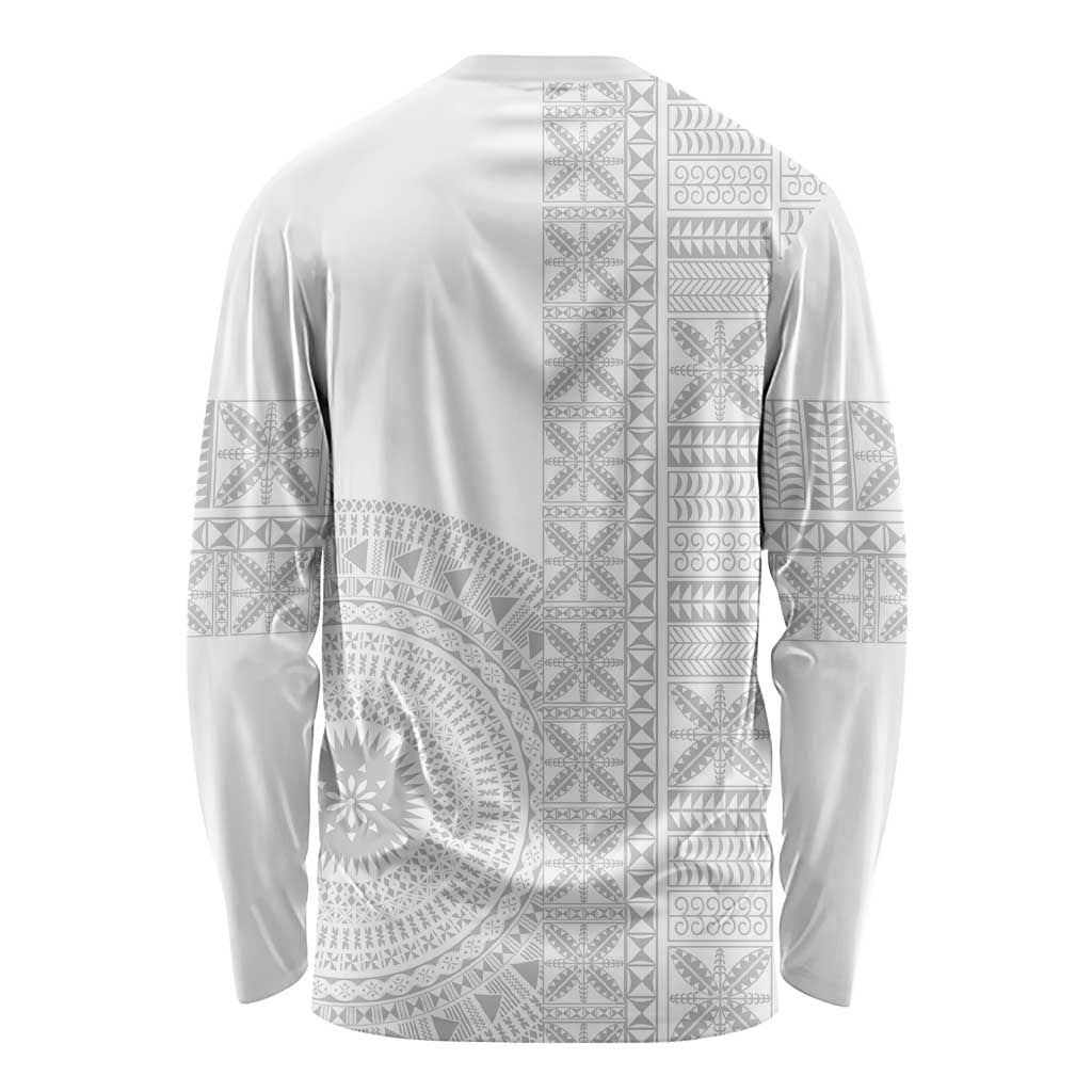 Niue White Sunday Long Sleeve Shirt Half Hiapo Pattern Vibes - Polynesian Pride