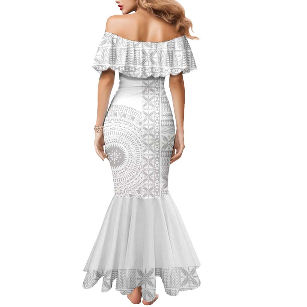 Niue White Sunday Mermaid Dress Half Hiapo Pattern Vibes - Polynesian Pride