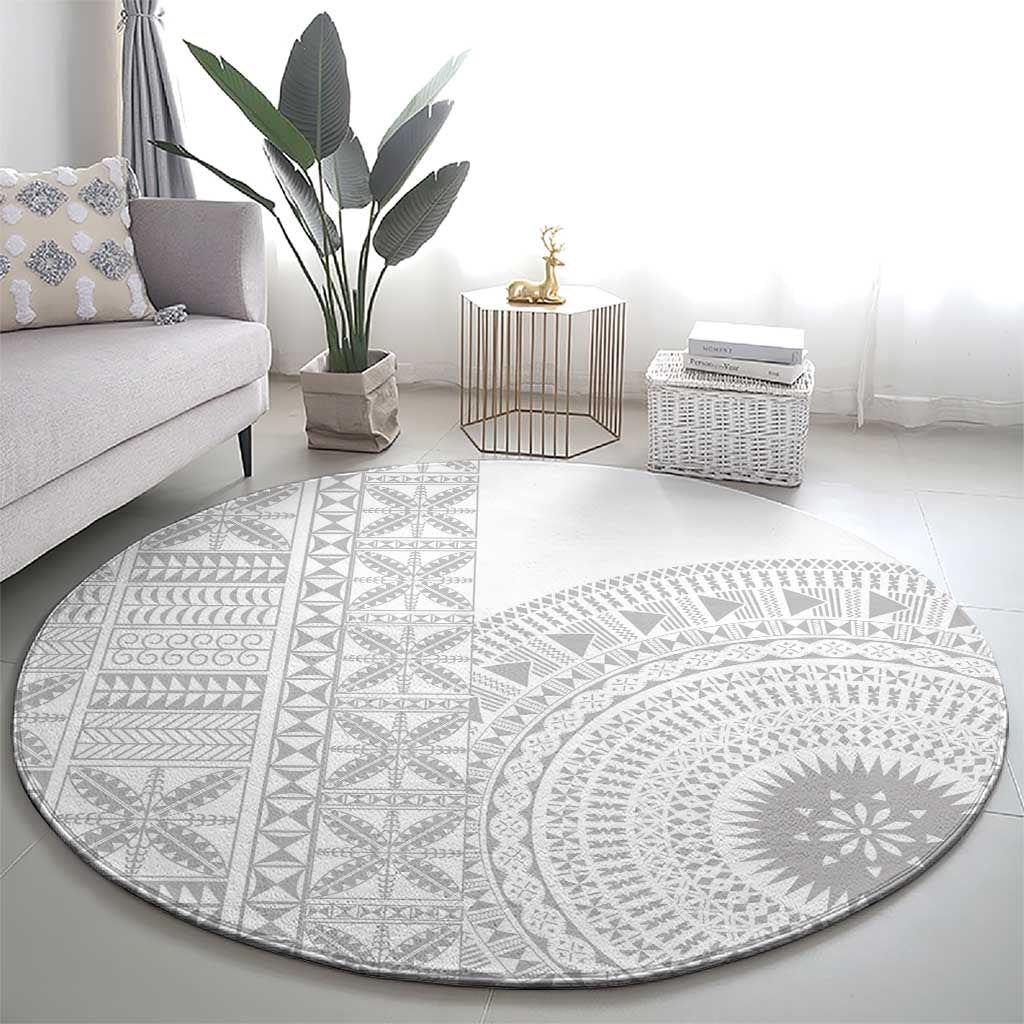Niue White Sunday Round Carpet Half Hiapo Pattern Vibes - Polynesian Pride