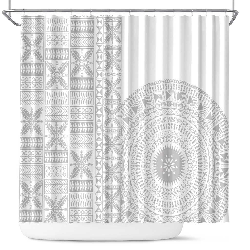 Niue White Sunday Shower Curtain Half Hiapo Pattern Vibes - Polynesian Pride