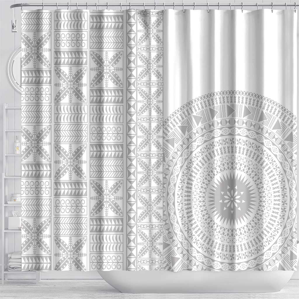 Niue White Sunday Shower Curtain Half Hiapo Pattern Vibes - Polynesian Pride