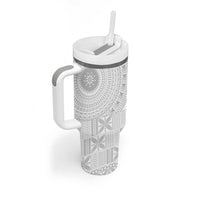 Niue White Sunday Tumbler With Handle Half Hiapo Pattern Vibes - Polynesian Pride