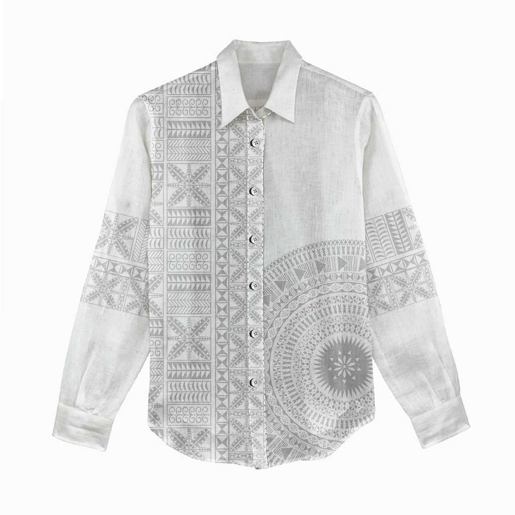 Niue White Sunday Women Casual Shirt Half Hiapo Pattern Vibes - Polynesian Pride
