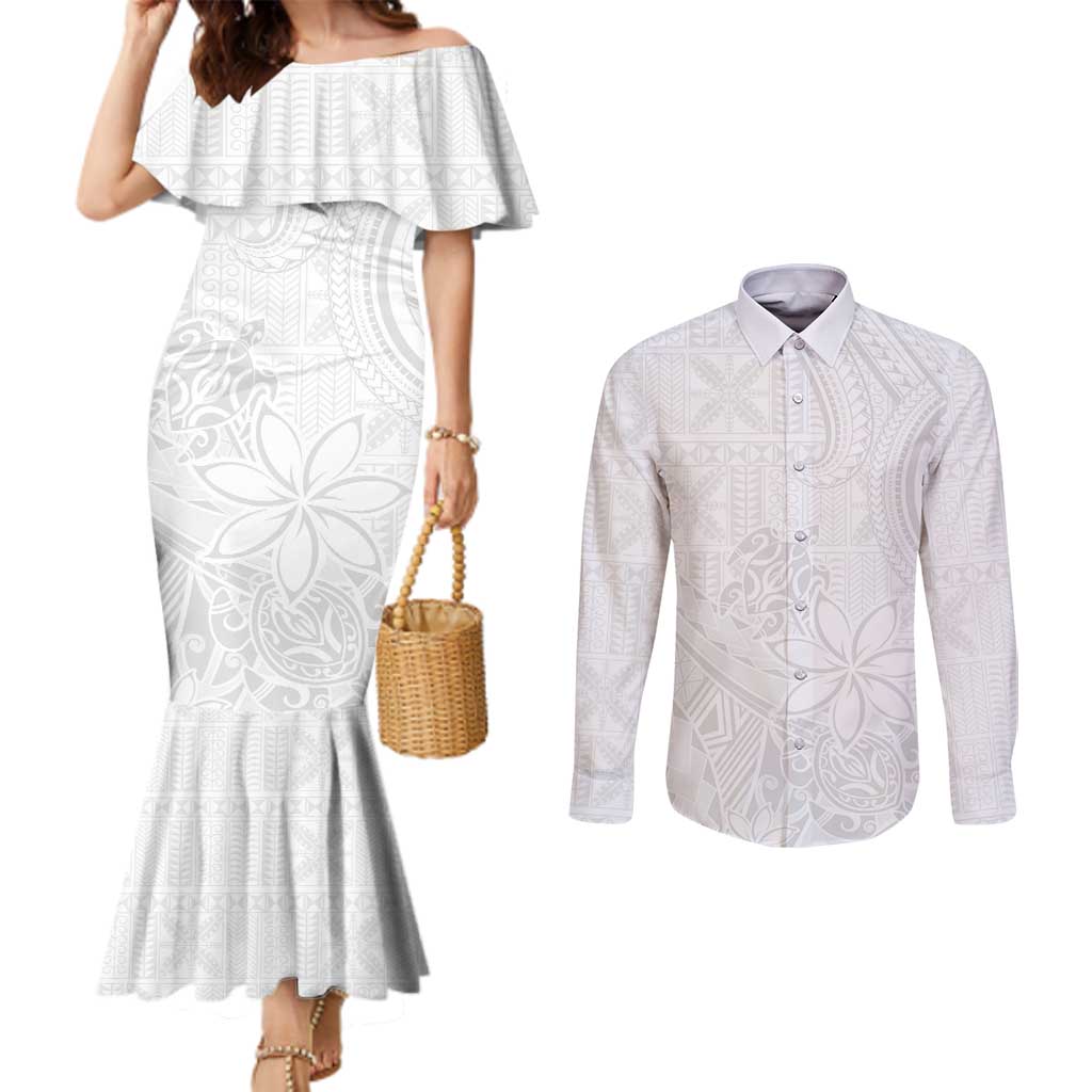 Tapu Fanau Ia Niue Couples Matching Mermaid Dress and Long Sleeve Button Shirt Happy White Sunday Unique Hiapo - Polynesian Pride