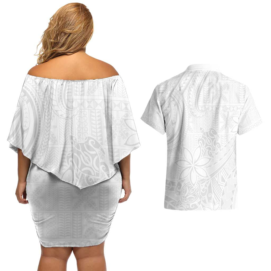 Tapu Fanau Ia Niue Couples Matching Off Shoulder Short Dress and Hawaiian Shirt Happy White Sunday Unique Hiapo - Polynesian Pride