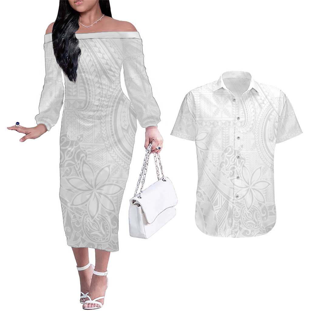 Tapu Fanau Ia Niue Couples Matching Off The Shoulder Long Sleeve Dress and Hawaiian Shirt Happy White Sunday Unique Hiapo - Polynesian Pride