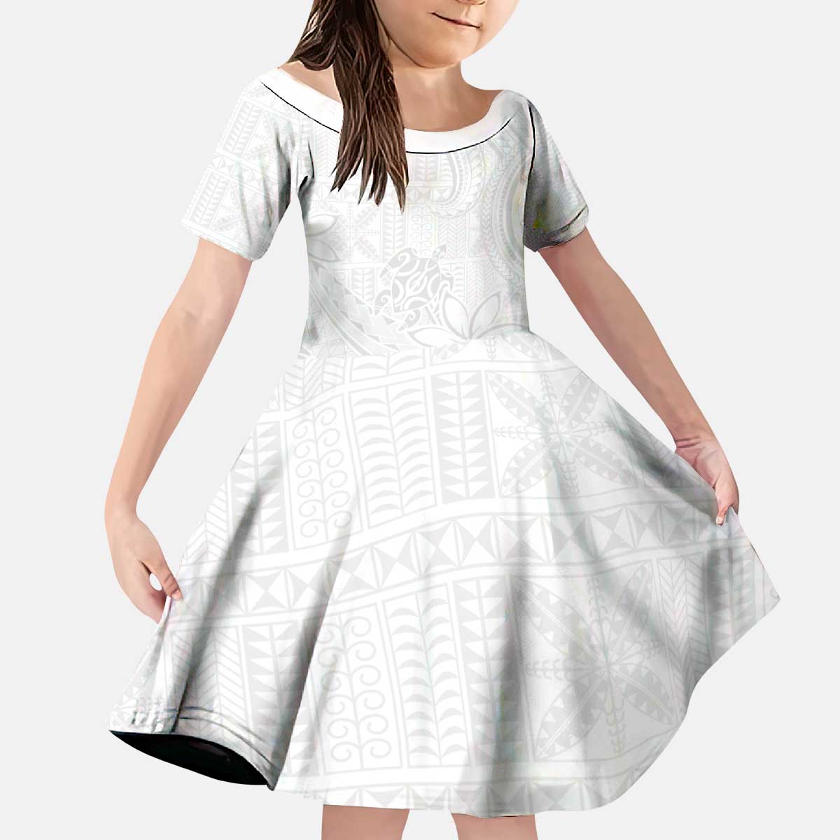 Tapu Fanau Ia Niue Kid Short Sleeve Dress Happy White Sunday Unique Hiapo - Polynesian Pride