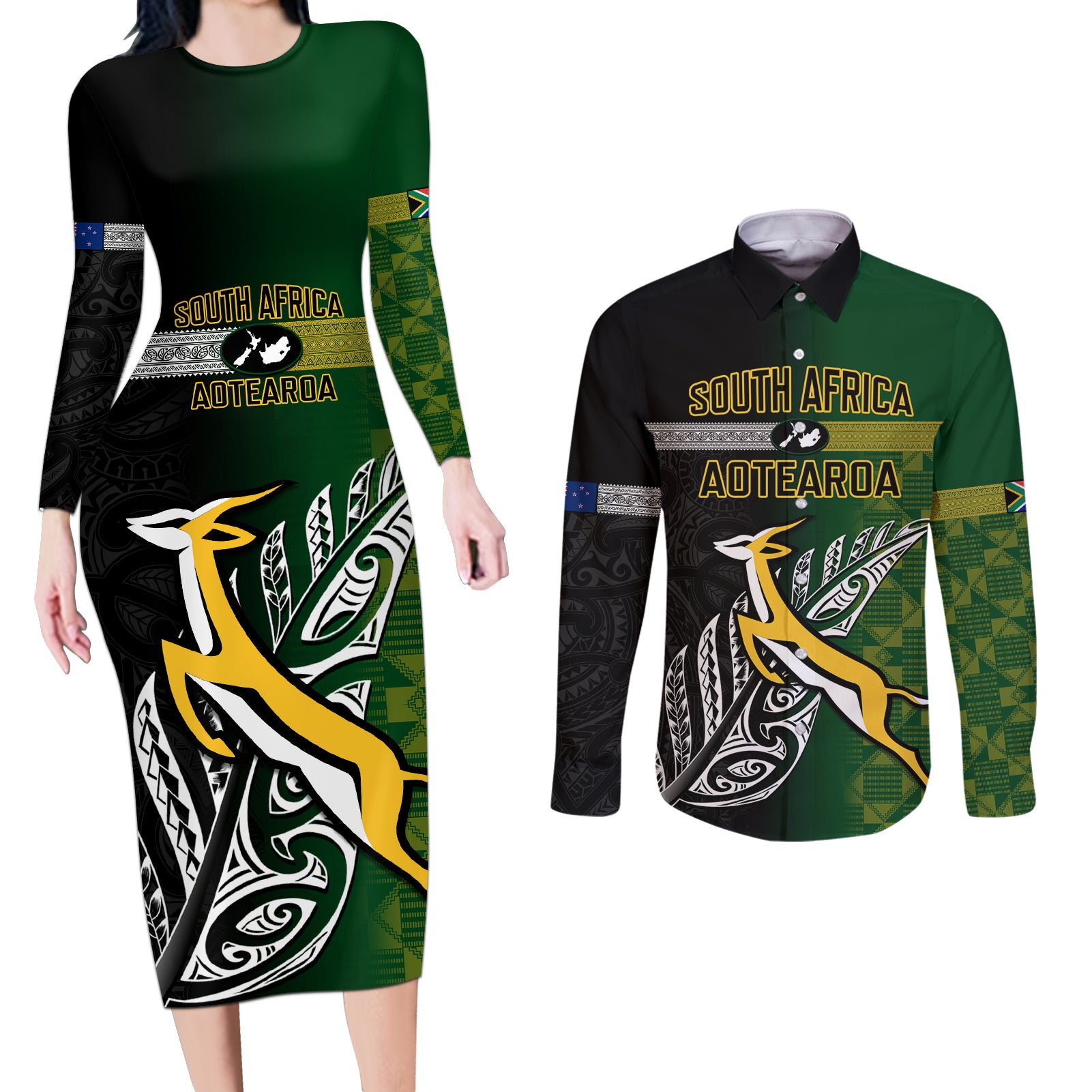 Personalised New Zealand and South Africa Rugby Couples Matching Long Sleeve Bodycon Dress and Long Sleeve Button Shirt 2023 World Cup Final All Black Springboks Together LT14 Black - Polynesian Pride