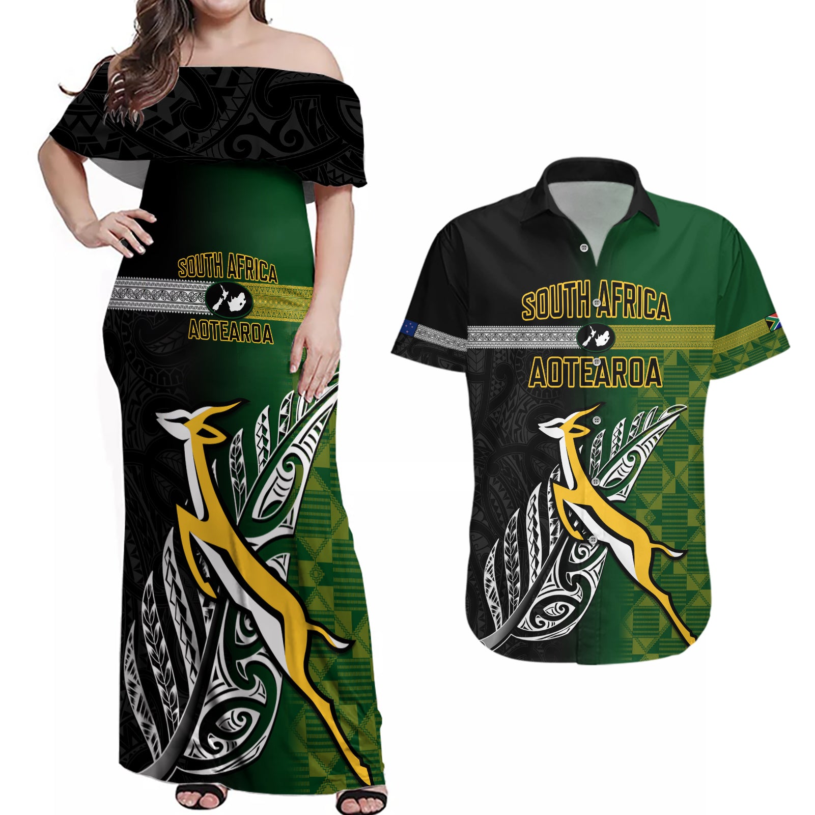 Personalised New Zealand and South Africa Rugby Couples Matching Off Shoulder Maxi Dress and Hawaiian Shirt 2023 World Cup Final All Black Springboks Together LT14 Black - Polynesian Pride