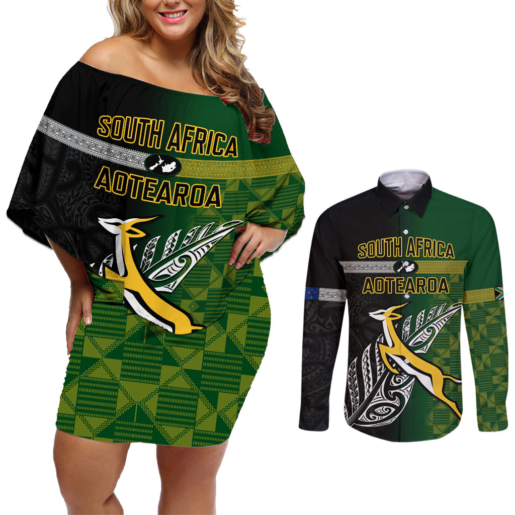 Personalised New Zealand and South Africa Rugby Couples Matching Off Shoulder Short Dress and Long Sleeve Button Shirt 2023 World Cup Final All Black Springboks Together LT14 Black - Polynesian Pride