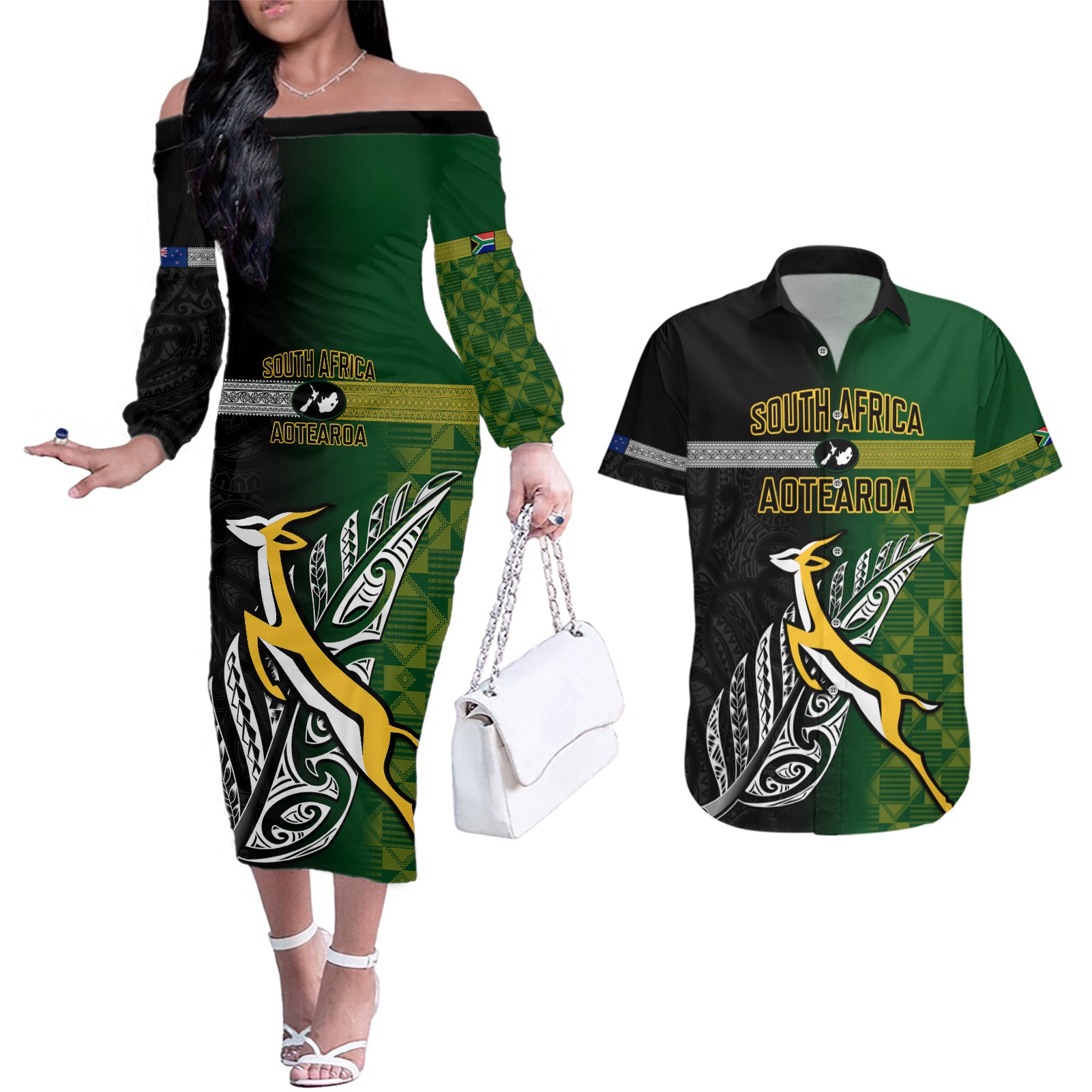 Personalised New Zealand and South Africa Rugby Couples Matching Off The Shoulder Long Sleeve Dress and Hawaiian Shirt 2023 World Cup Final All Black Springboks Together LT14 Black - Polynesian Pride