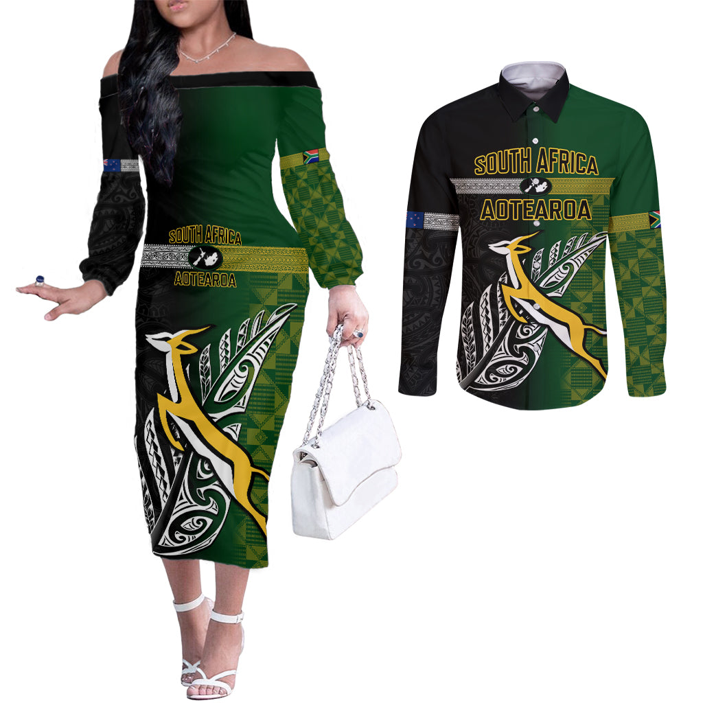 Personalised New Zealand and South Africa Rugby Couples Matching Off The Shoulder Long Sleeve Dress and Long Sleeve Button Shirt 2023 World Cup Final All Black Springboks Together LT14 Black - Polynesian Pride