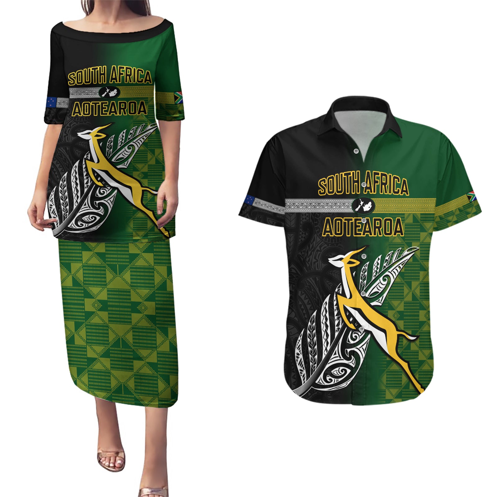 Personalised New Zealand and South Africa Rugby Couples Matching Puletasi Dress and Hawaiian Shirt 2023 World Cup Final All Black Springboks Together LT14 Black - Polynesian Pride