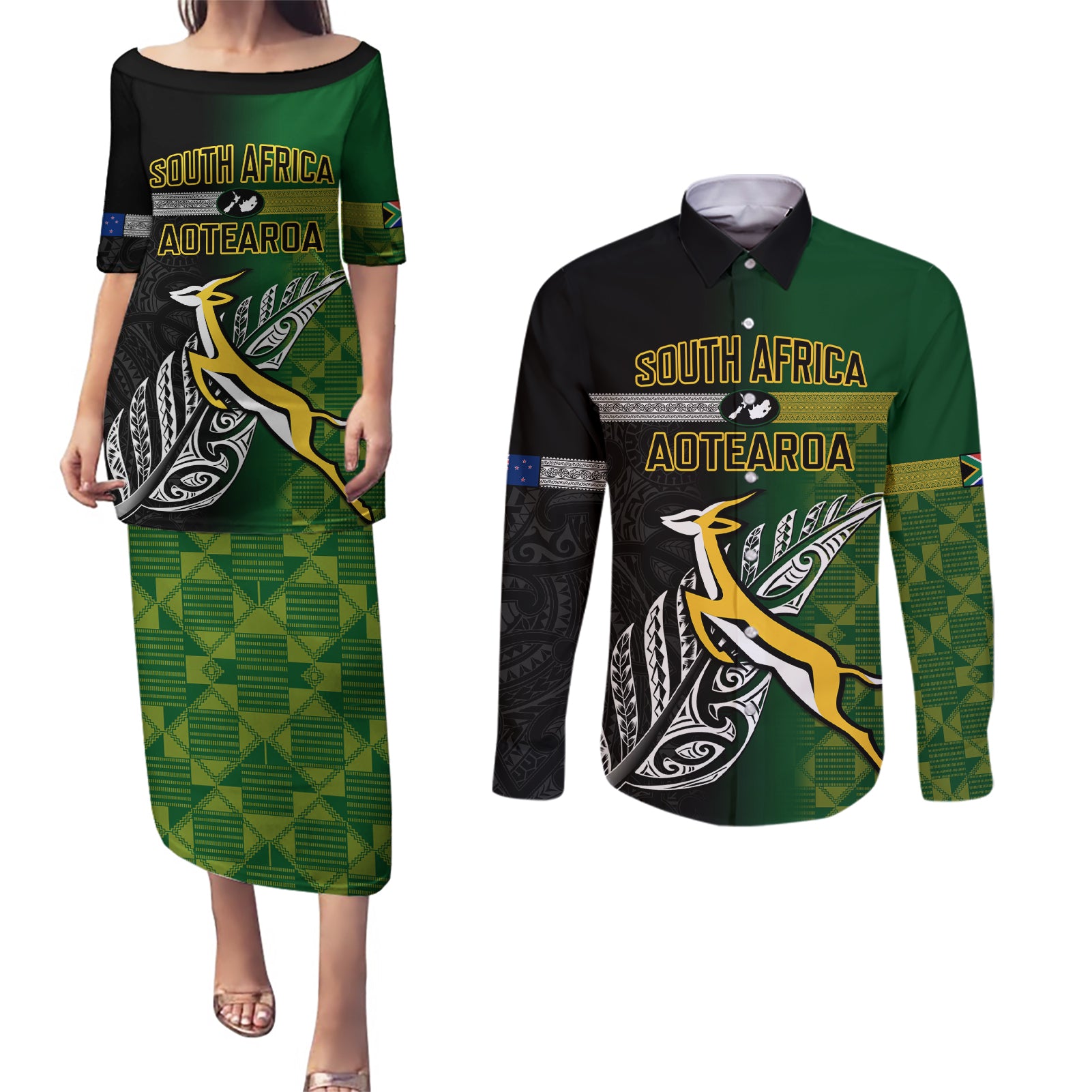 Personalised New Zealand and South Africa Rugby Couples Matching Puletasi Dress and Long Sleeve Button Shirt 2023 World Cup Final All Black Springboks Together LT14 Black - Polynesian Pride