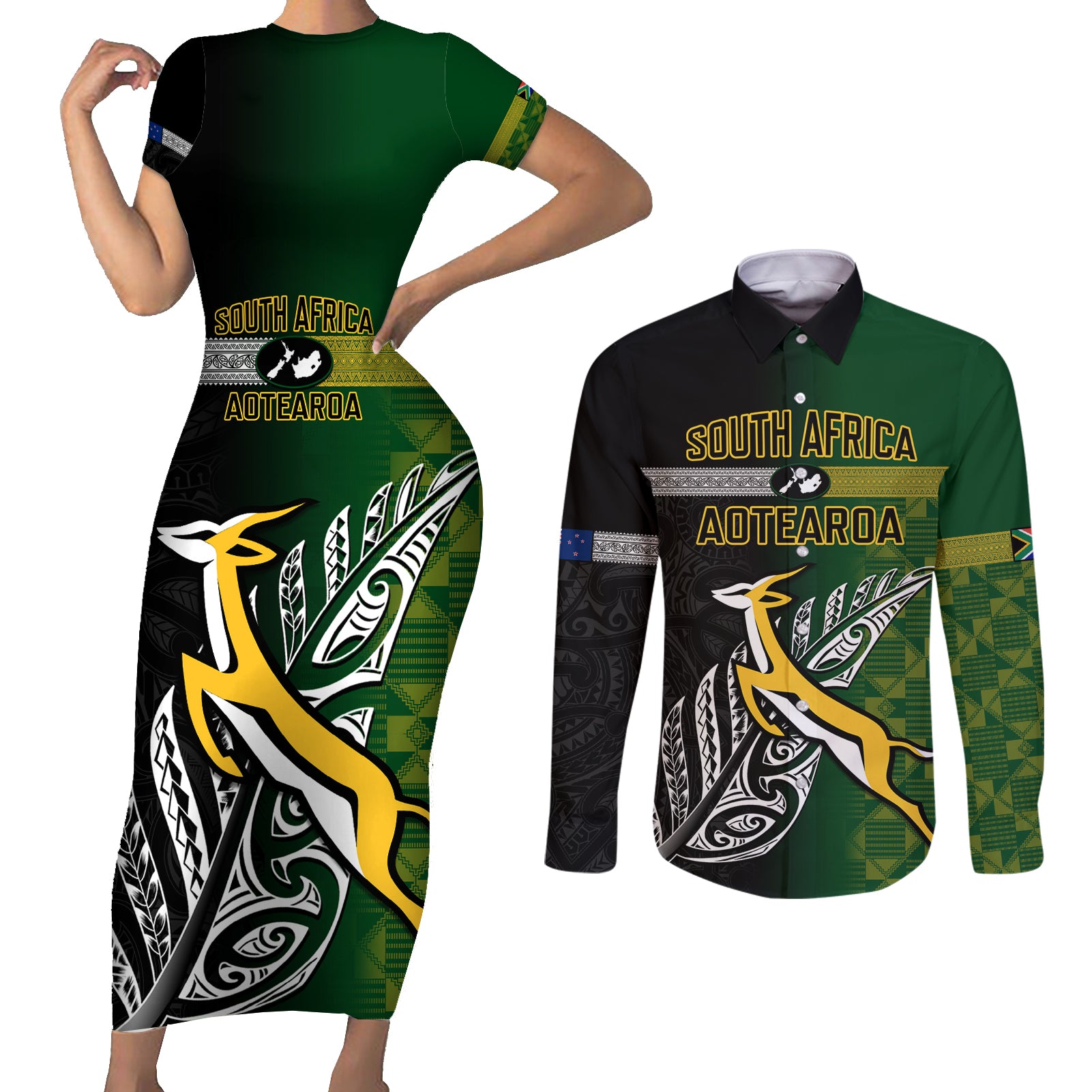 Personalised New Zealand and South Africa Rugby Couples Matching Short Sleeve Bodycon Dress and Long Sleeve Button Shirt 2023 World Cup Final All Black Springboks Together LT14 Black - Polynesian Pride