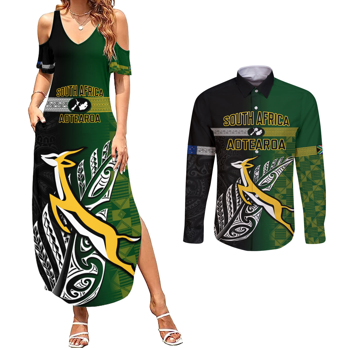 Personalised New Zealand and South Africa Rugby Couples Matching Summer Maxi Dress and Long Sleeve Button Shirt 2023 World Cup Final All Black Springboks Together LT14 Black - Polynesian Pride