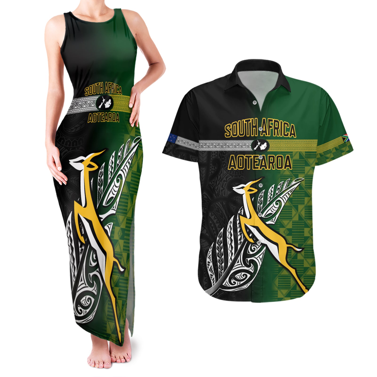 Personalised New Zealand and South Africa Rugby Couples Matching Tank Maxi Dress and Hawaiian Shirt 2023 World Cup Final All Black Springboks Together LT14 Black - Polynesian Pride