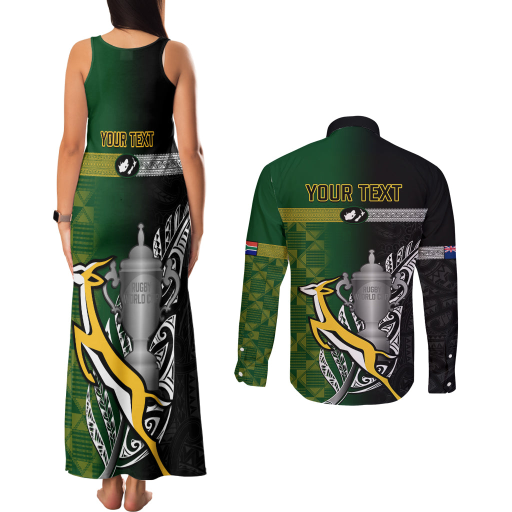 Personalised New Zealand and South Africa Rugby Couples Matching Tank Maxi Dress and Long Sleeve Button Shirt 2023 World Cup Final All Black Springboks Together LT14 - Polynesian Pride