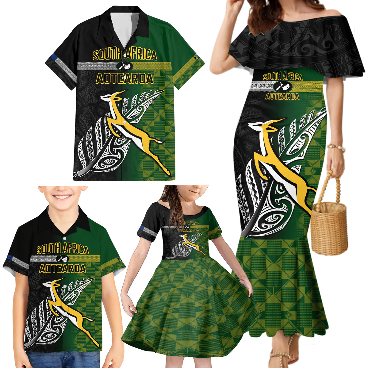 Personalised New Zealand and South Africa Rugby Family Matching Mermaid Dress and Hawaiian Shirt 2023 World Cup Final All Black Springboks Together LT14 - Polynesian Pride