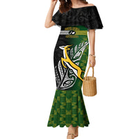 Personalised New Zealand and South Africa Rugby Family Matching Mermaid Dress and Hawaiian Shirt 2023 World Cup Final All Black Springboks Together LT14 Mom's Dress Black - Polynesian Pride