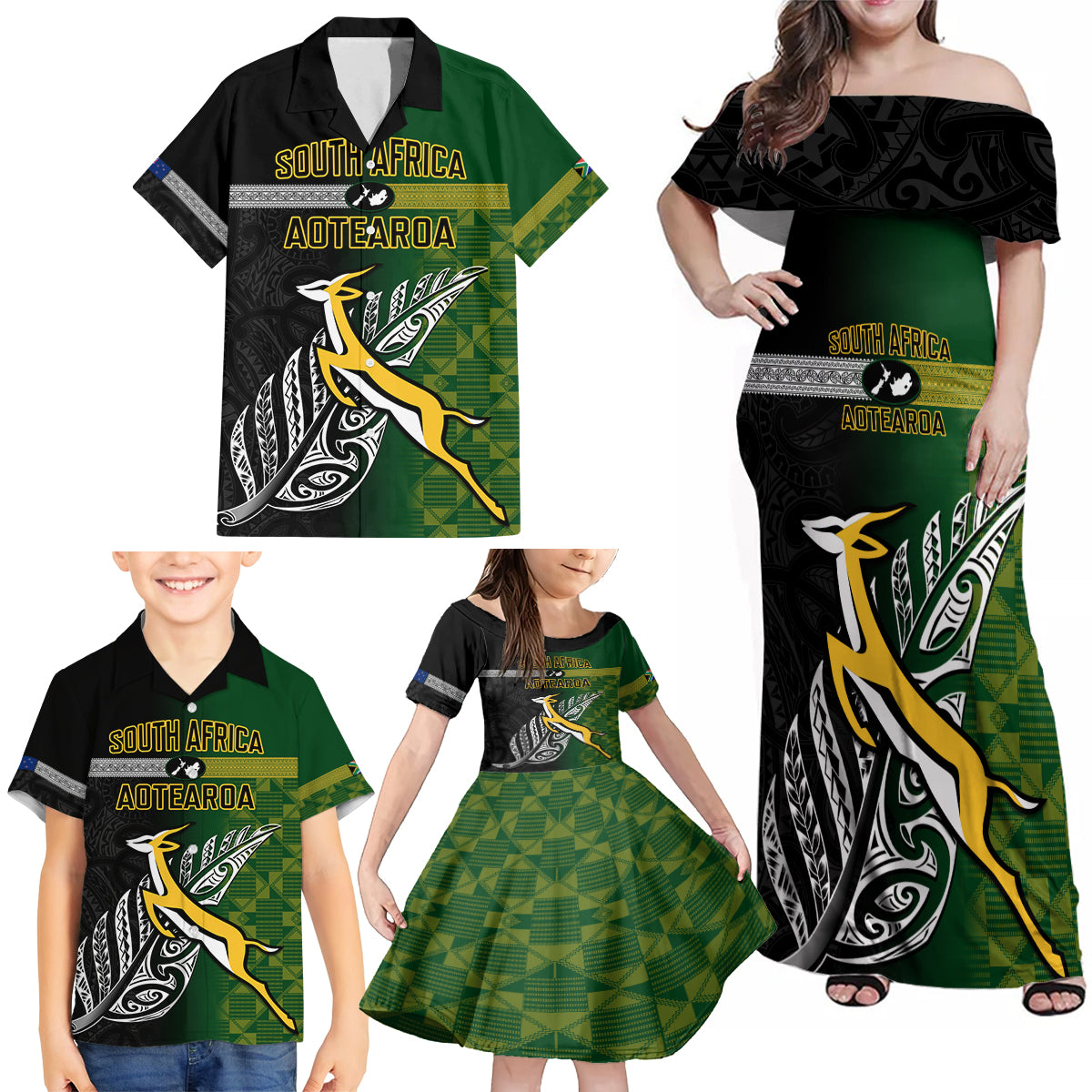 Personalised New Zealand and South Africa Rugby Family Matching Off Shoulder Maxi Dress and Hawaiian Shirt 2023 World Cup Final All Black Springboks Together LT14 - Polynesian Pride