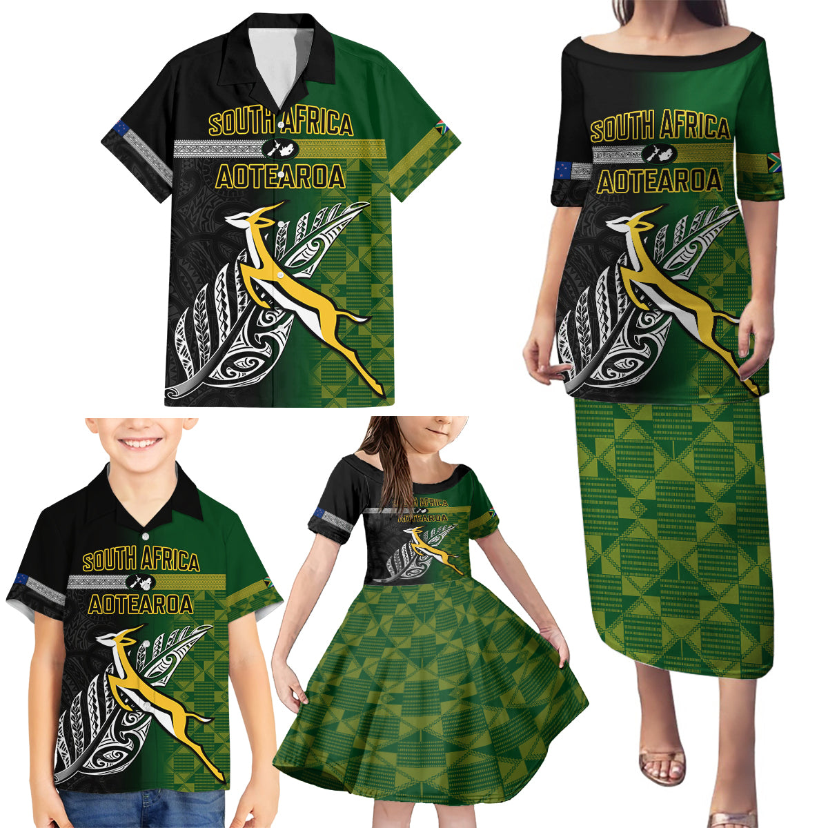 Personalised New Zealand and South Africa Rugby Family Matching Puletasi Dress and Hawaiian Shirt 2023 World Cup Final All Black Springboks Together LT14 - Polynesian Pride