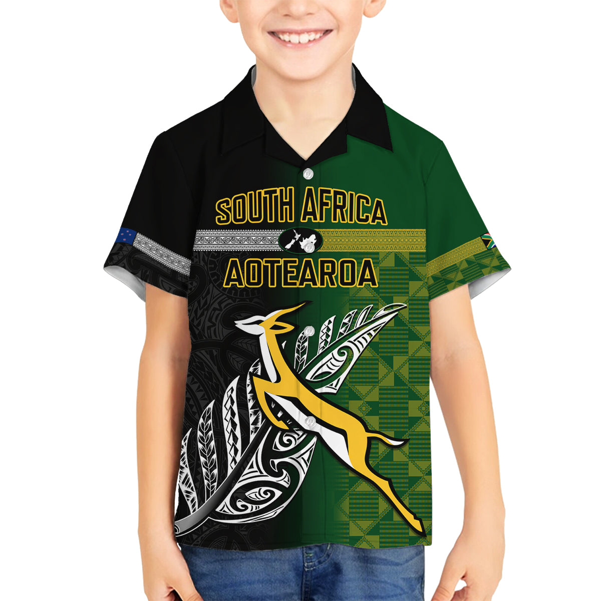 Personalised New Zealand and South Africa Rugby Family Matching Puletasi Dress and Hawaiian Shirt 2023 World Cup Final All Black Springboks Together LT14 Son's Shirt Black - Polynesian Pride