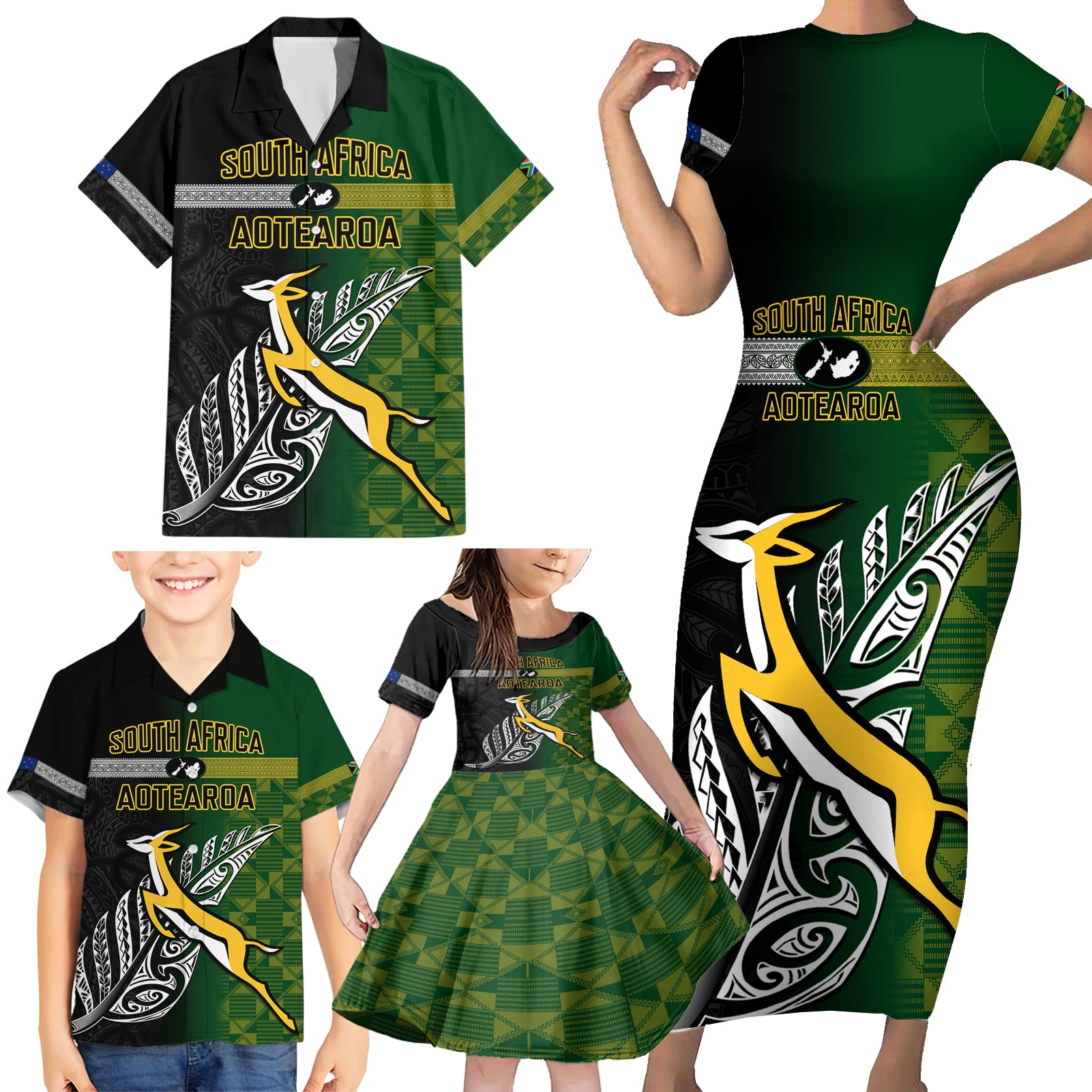 Personalised New Zealand and South Africa Rugby Family Matching Short Sleeve Bodycon Dress and Hawaiian Shirt 2023 World Cup Final All Black Springboks Together LT14 - Polynesian Pride